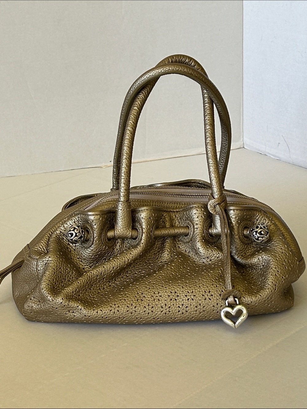 BRIGHTON METALLIC BRONZE DAISY FLOWER CUTOUT LEATHER SHOULDER BAG